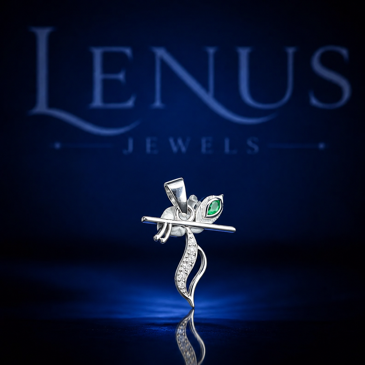 Lord Krishna Flute Pendant with Emerald Green Stone – 925 Sterling Silver VVS Moissanite Hindu Religious Jewelry, Spiritual Gift