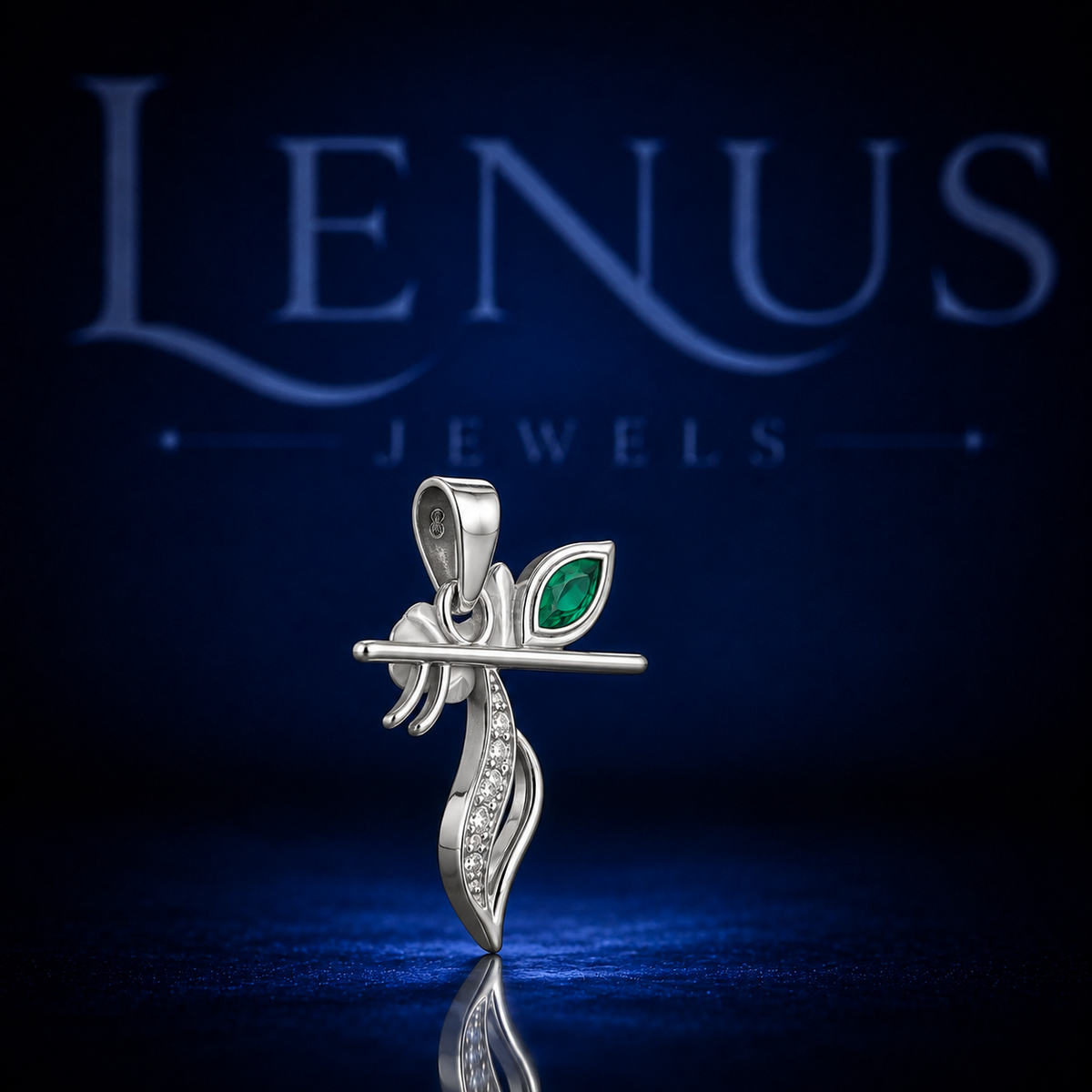 Lord Krishna Flute Pendant with Emerald Green Stone – 925 Sterling Silver VVS Moissanite Hindu Religious Jewelry, Spiritual Gift