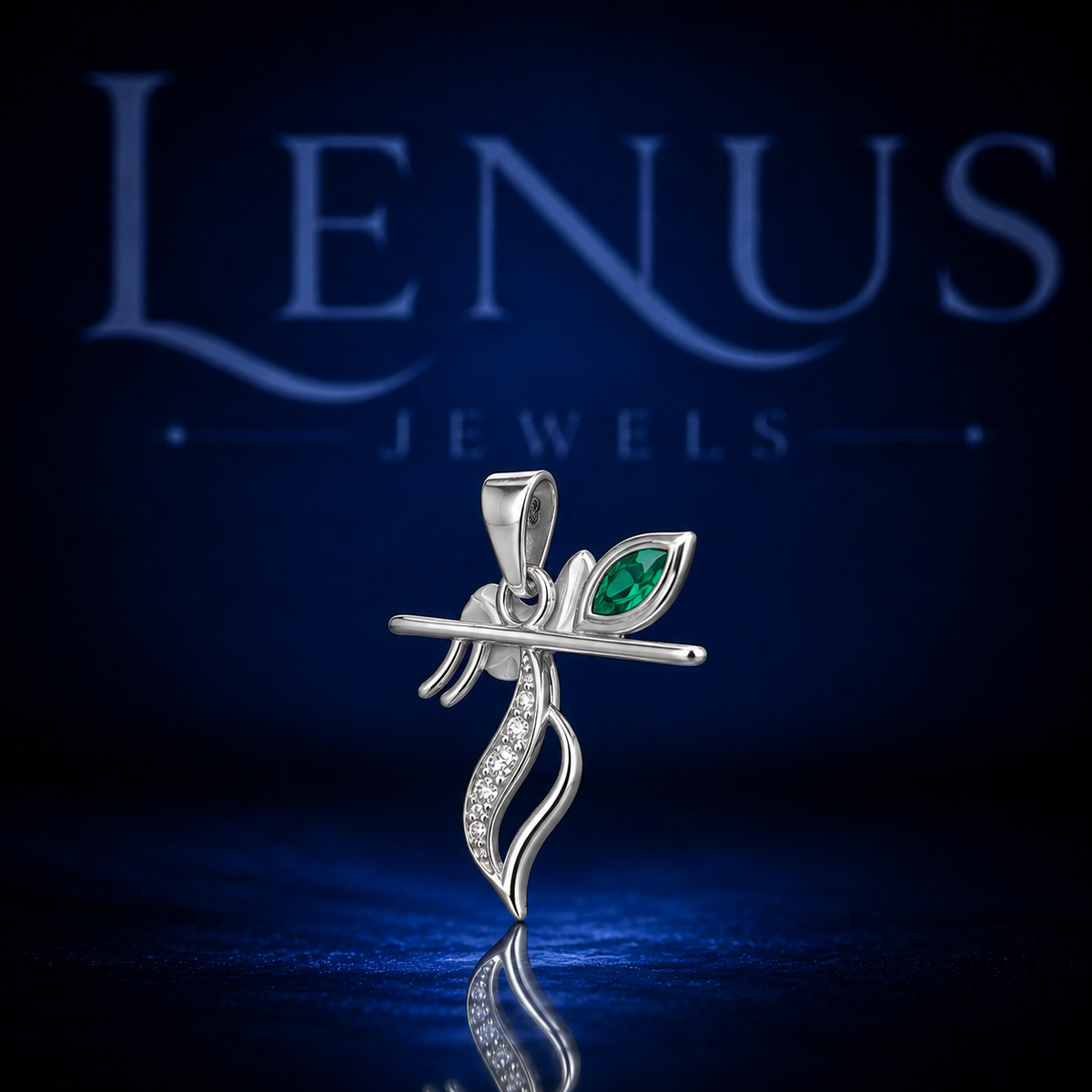 Lord Krishna Flute Pendant with Emerald Green Stone – 925 Sterling Silver VVS Moissanite Hindu Religious Jewelry, Spiritual Gift