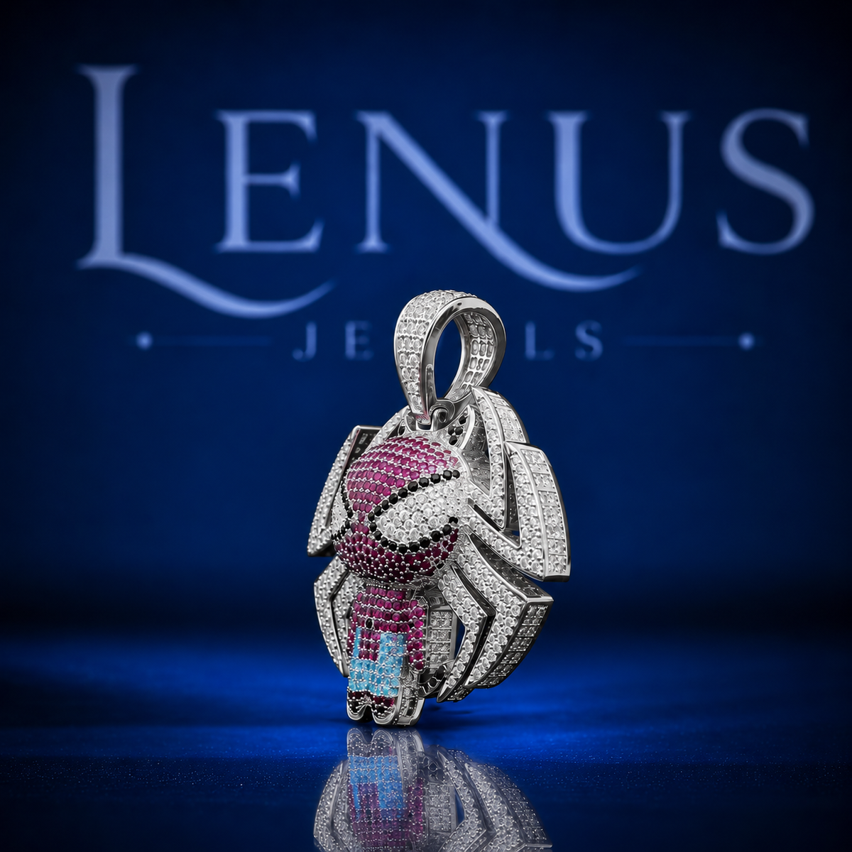 Iced Out Pink Spider Cartoon Pendant – VVS Moissanite 925 Sterling Silver Spider Character Charm, Hip Hop Jewelry for Men & Women
