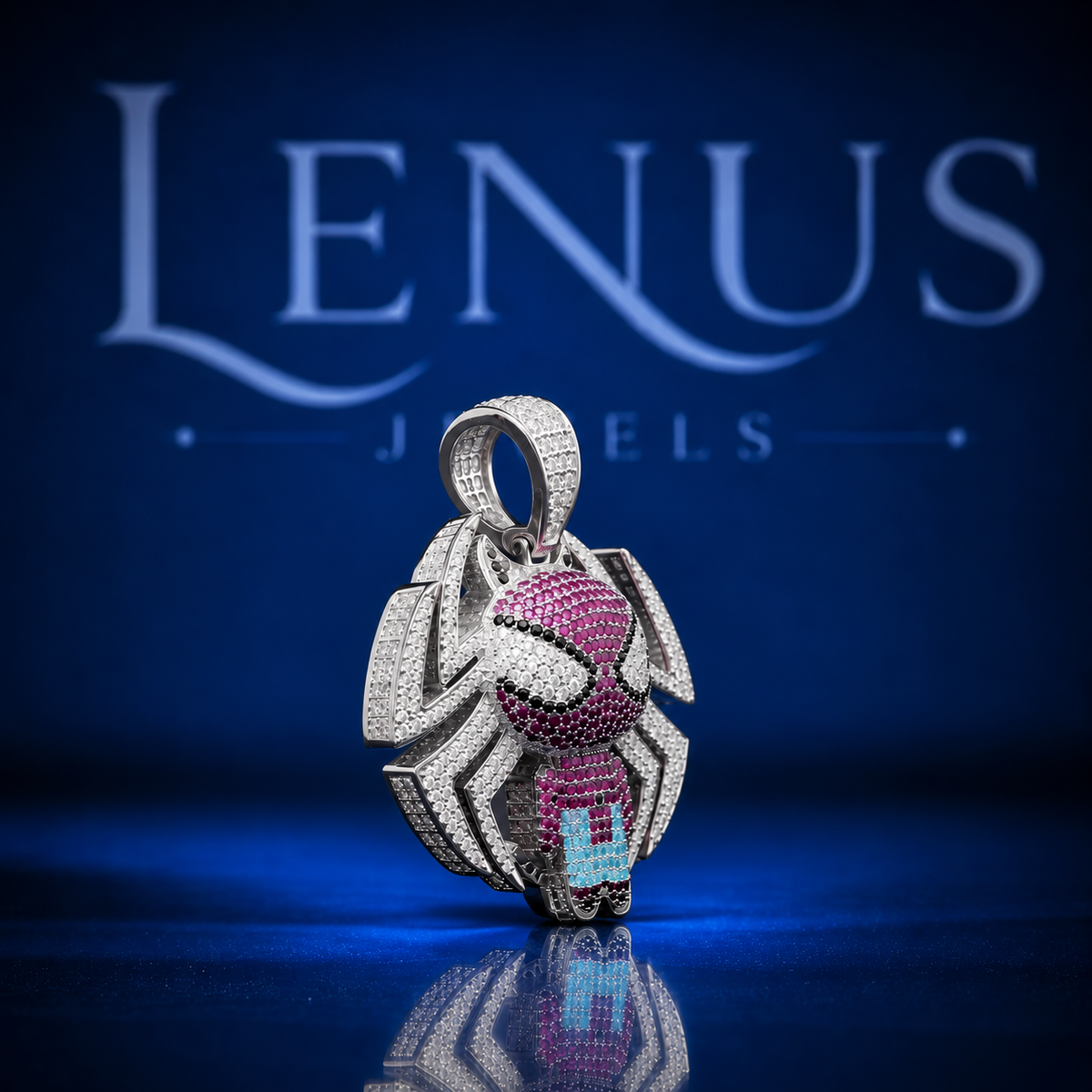 Iced Out Pink Spider Cartoon Pendant – VVS Moissanite 925 Sterling Silver Spider Character Charm, Hip Hop Jewelry for Men & Women