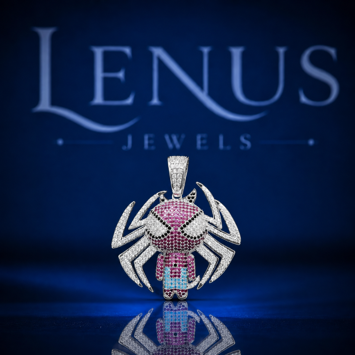 Iced Out Pink Spider Cartoon Pendant – VVS Moissanite 925 Sterling Silver Spider Character Charm, Hip Hop Jewelry for Men & Women