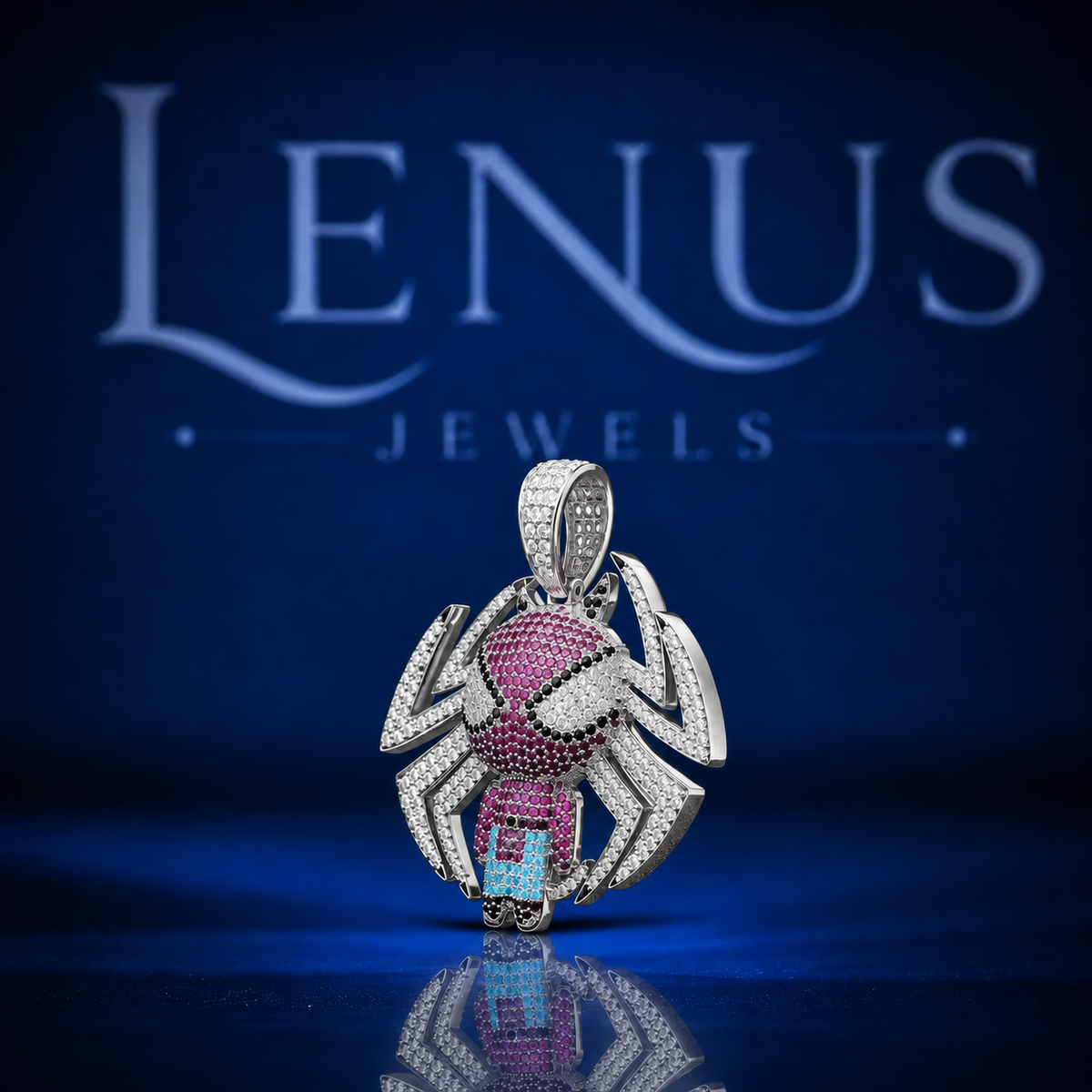 Iced Out Pink Spider Cartoon Pendant – VVS Moissanite 925 Sterling Silver Spider Character Charm, Hip Hop Jewelry for Men & Women