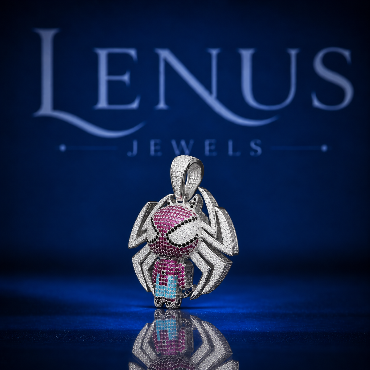 Iced Out Pink Spider Cartoon Pendant – VVS Moissanite 925 Sterling Silver Spider Character Charm, Hip Hop Jewelry for Men & Women