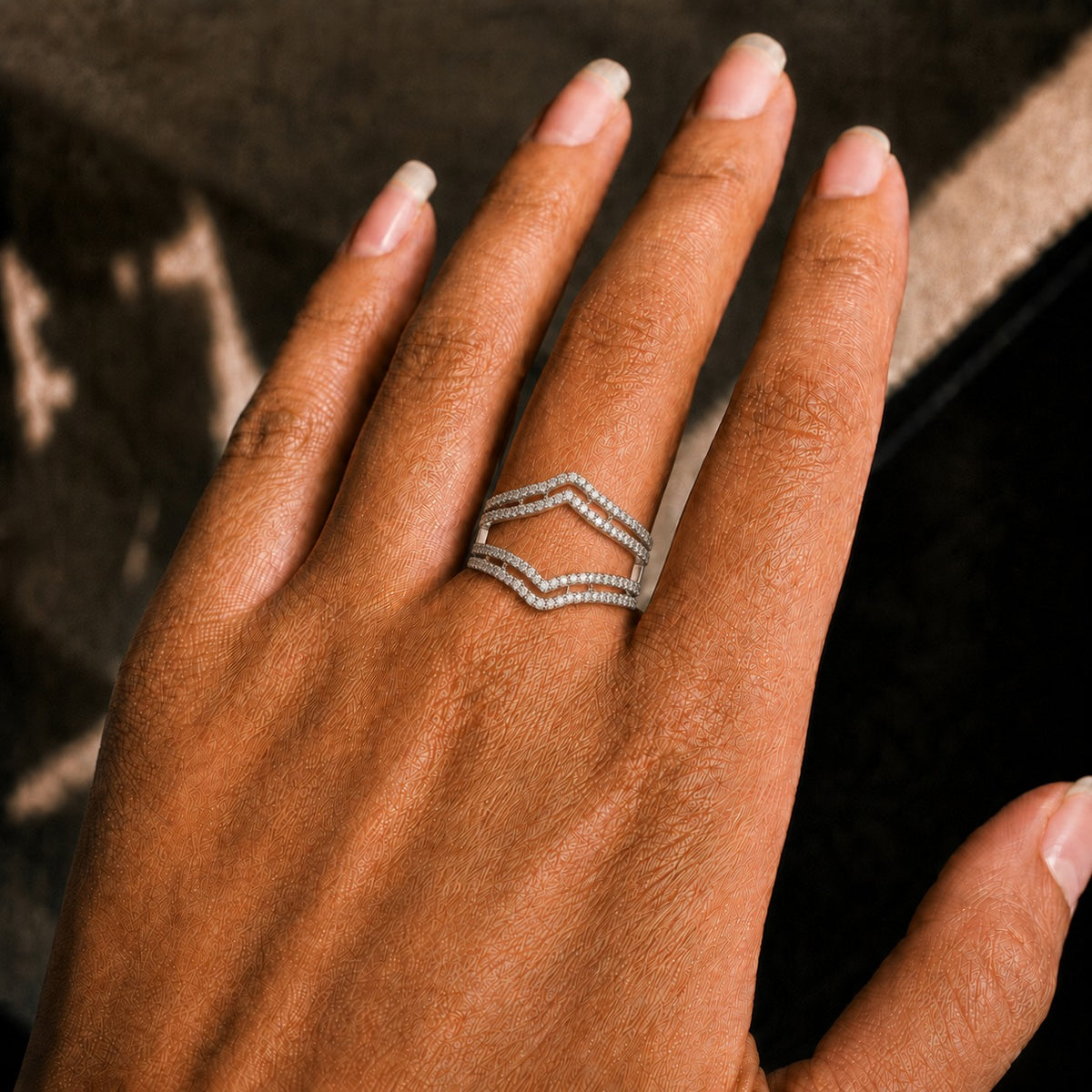Wide Chevron Moissanite Wedding Band – Four-Row Openwork V-Shaped Ring in 925 Sterling Silver