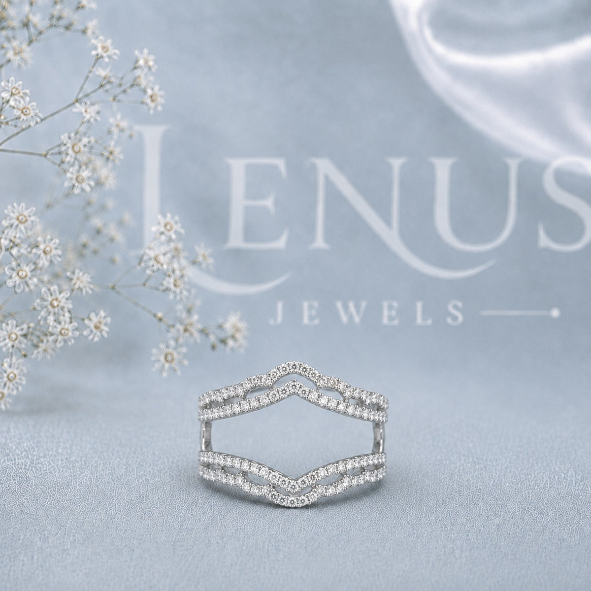 Wide Chevron Moissanite Wedding Band – Four-Row Openwork V-Shaped Ring in 925 Sterling Silver