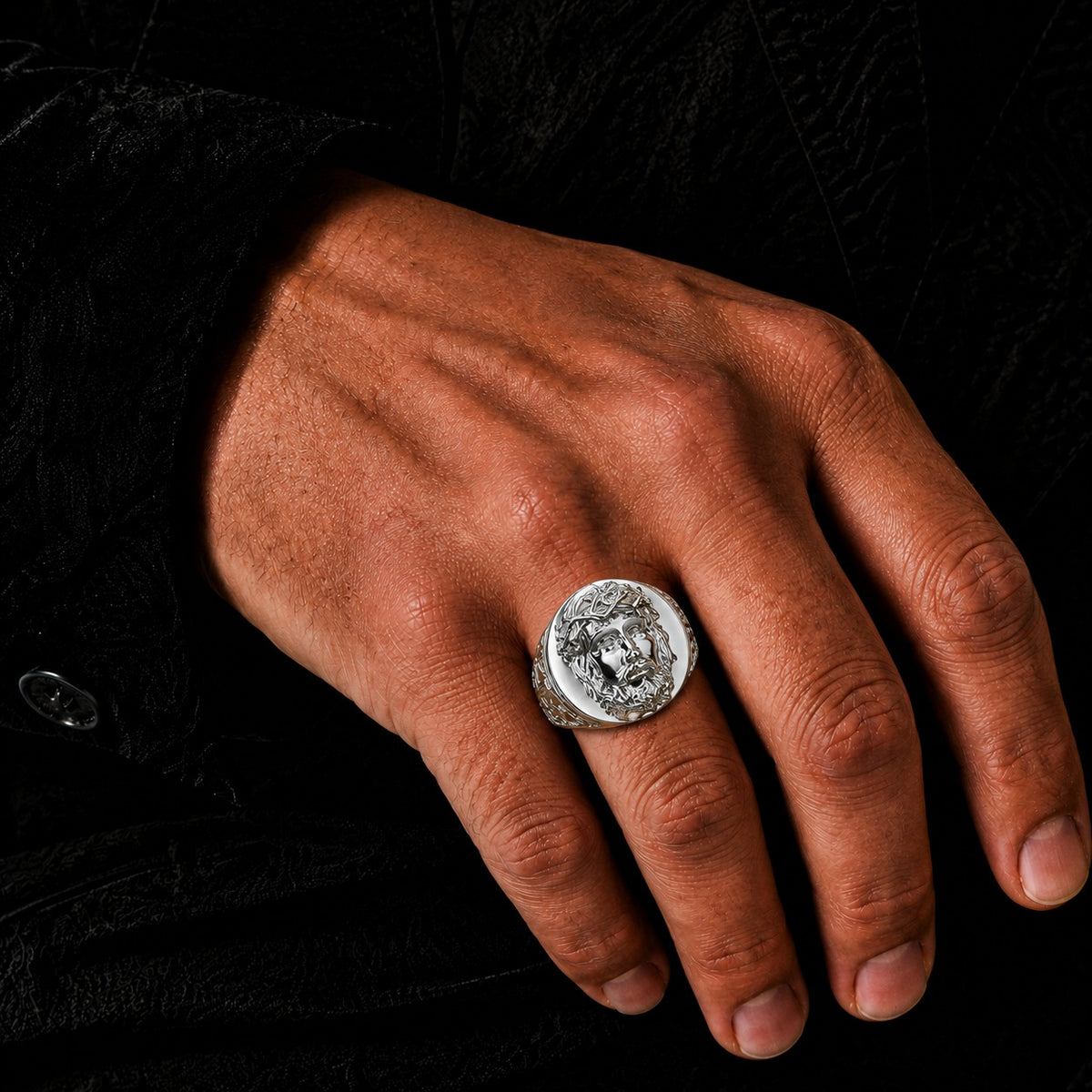 Men’s Jesus Face Moissanite Signet Ring – Crown of Thorns Ring in 925 Sterling Silver