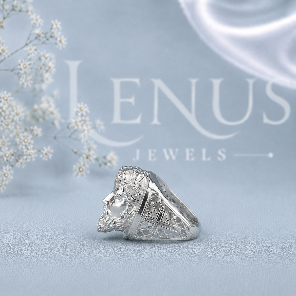 Men’s Jesus Face Moissanite Signet Ring – Crown of Thorns Ring in 925 Sterling Silver