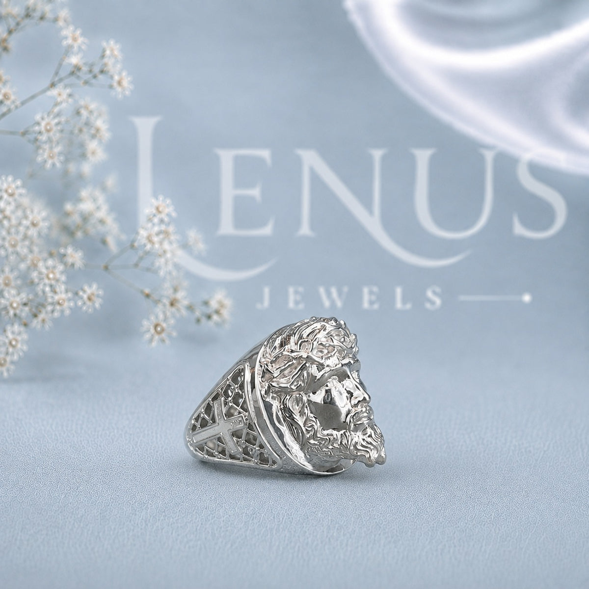 Men’s Jesus Face Moissanite Signet Ring – Crown of Thorns Ring in 925 Sterling Silver