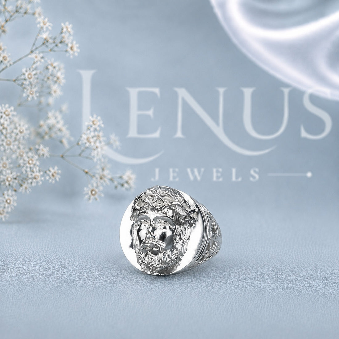 Men’s Jesus Face Moissanite Signet Ring – Crown of Thorns Ring in 925 Sterling Silver