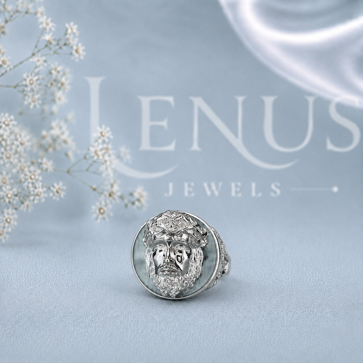 Men’s Jesus Face Moissanite Signet Ring – Crown of Thorns Ring in 925 Sterling Silver