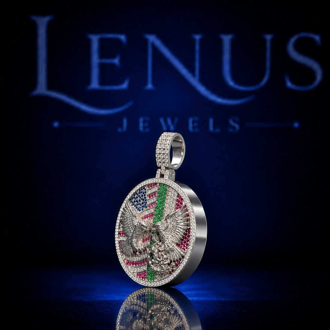 Iced Out American Flag Eagle Moissanite Pendant – VVS 925 Sterling Silver Patriotic Hip Hop Medallion Necklace Jewelry