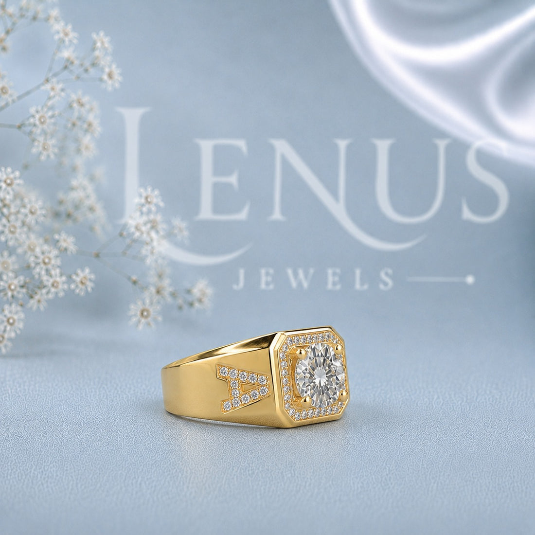 Men’s Round Moissanite Signet Ring – Yellow-Gold Halo Statement Ring in 925 Sterling Silver