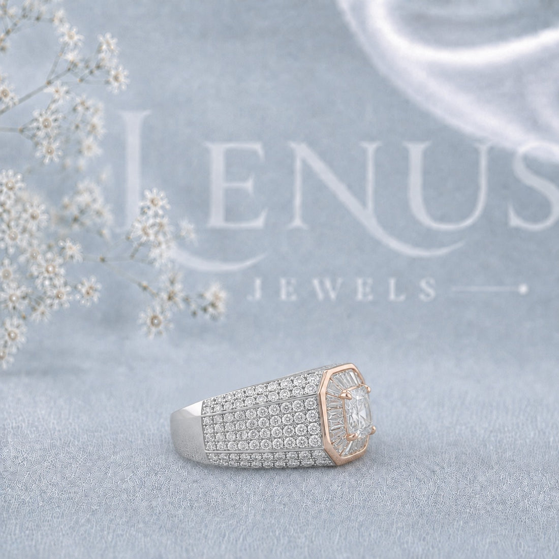 Men’s Princess-Cut Moissanite Ring – Two-Tone Baguette Halo Statement Ring in 925 Sterling Silver