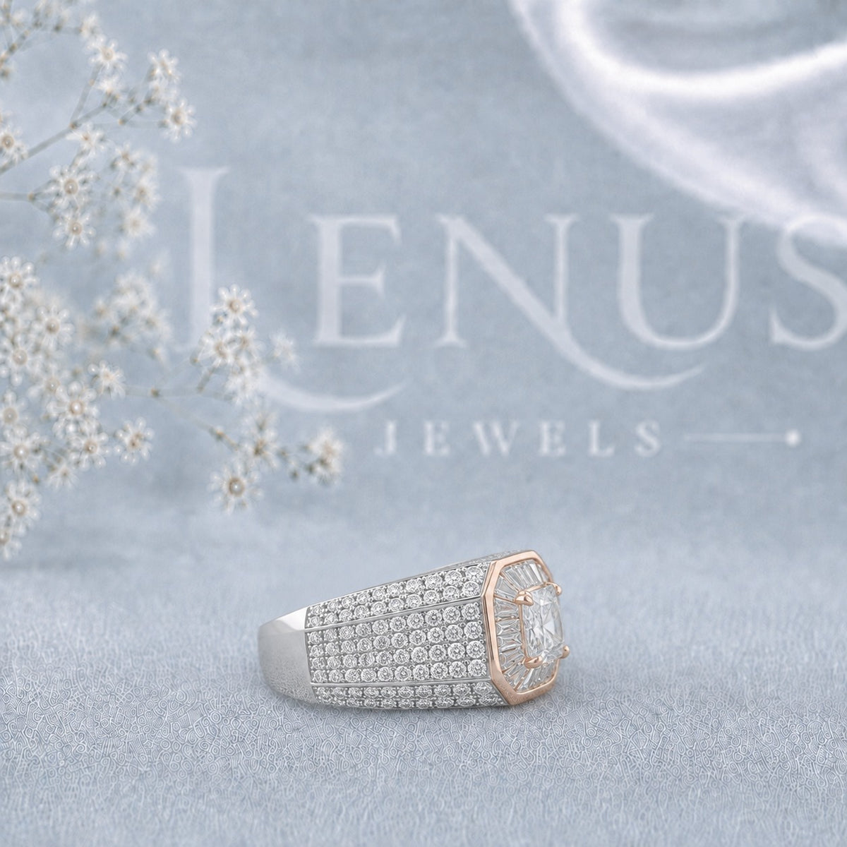 Men’s Princess-Cut Moissanite Ring – Two-Tone Baguette Halo Statement Ring in 925 Sterling Silver