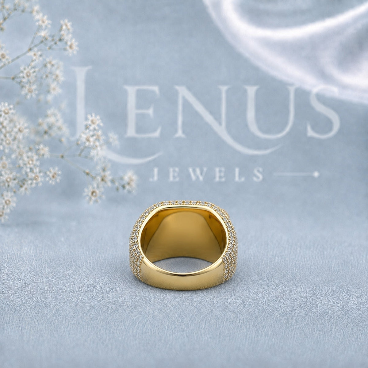 Men’s Iced-Out Moissanite Cluster Ring – Square Cushion Face, Gold-Tone Pavé Statement Ring