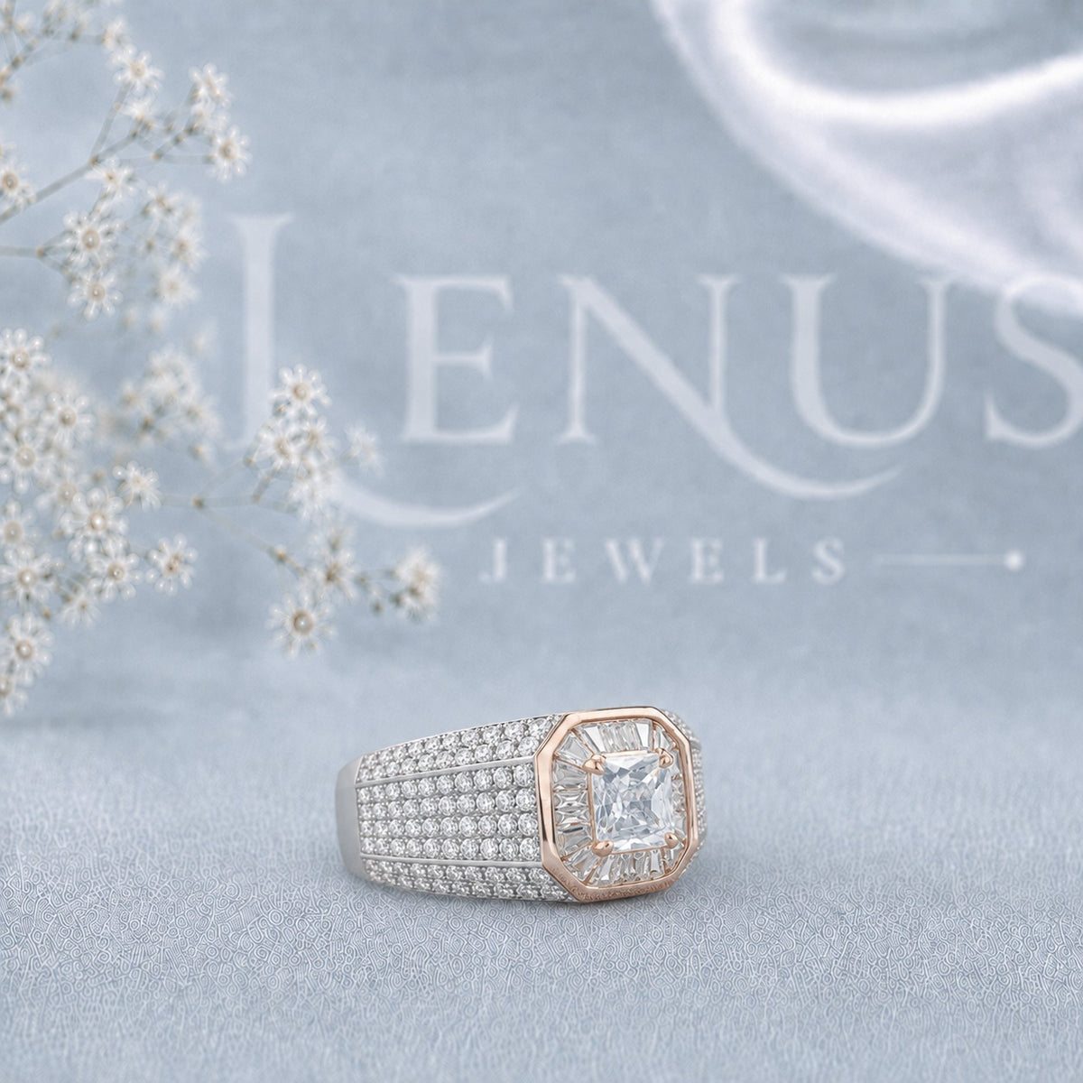 Men’s Princess-Cut Moissanite Ring – Two-Tone Baguette Halo Statement Ring in 925 Sterling Silver