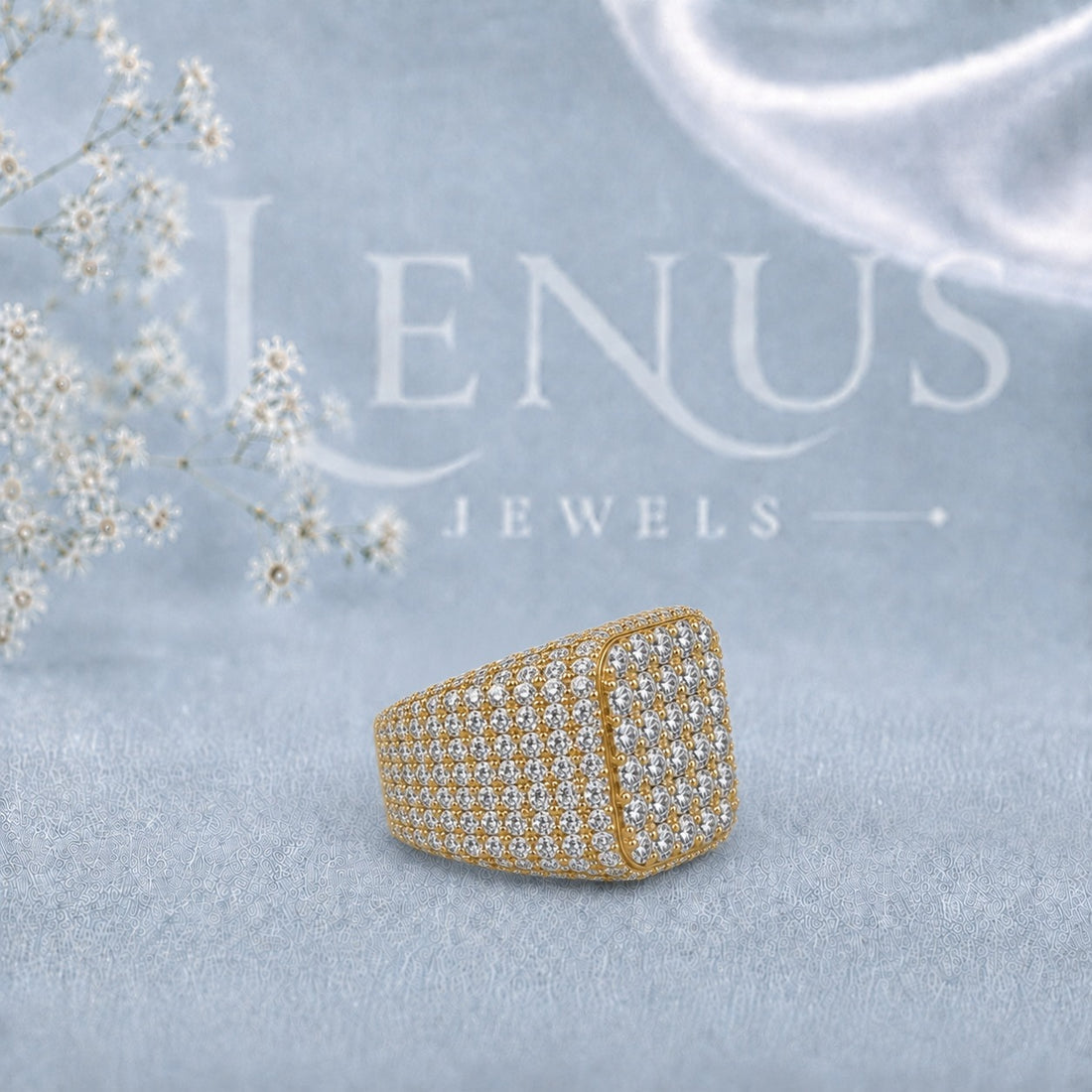 Men’s Iced-Out Moissanite Cluster Ring – Square Cushion Face, Gold-Tone Pavé Statement Ring