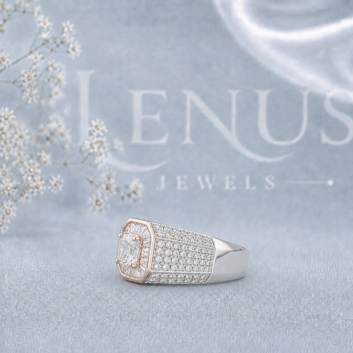 Men’s Princess-Cut Moissanite Ring – Two-Tone Baguette Halo Statement Ring in 925 Sterling Silver