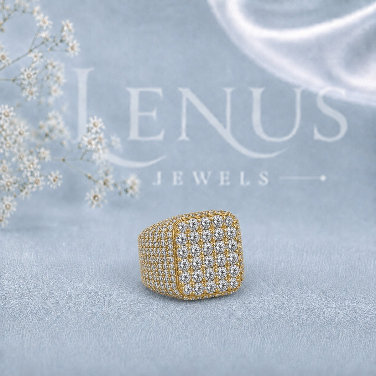 Men’s Iced-Out Moissanite Cluster Ring – Square Cushion Face, Gold-Tone Pavé Statement Ring