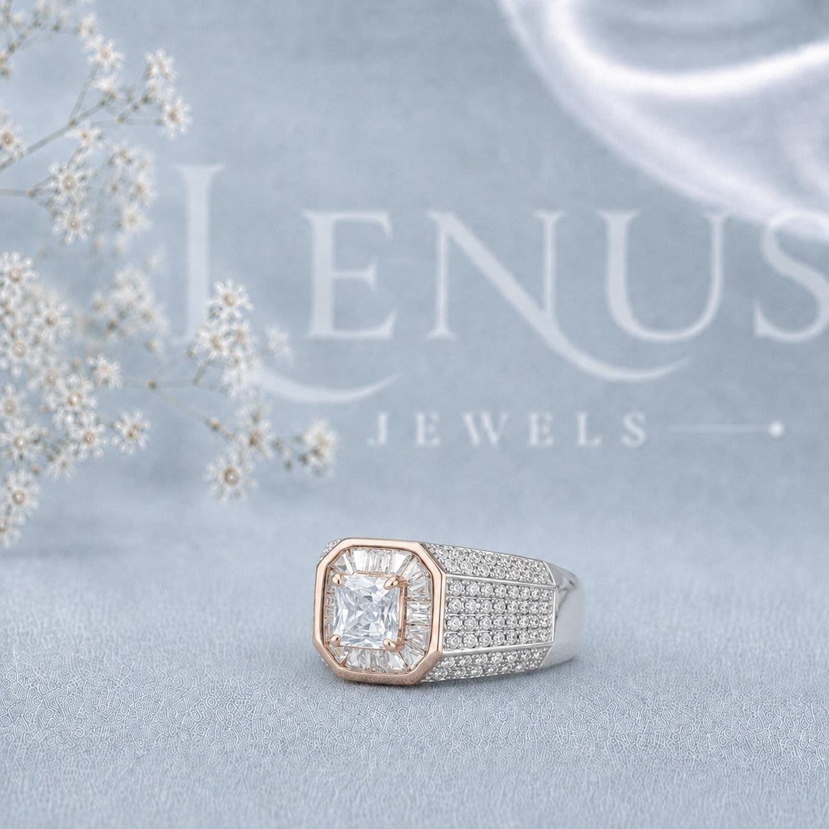 Men’s Princess-Cut Moissanite Ring – Two-Tone Baguette Halo Statement Ring in 925 Sterling Silver