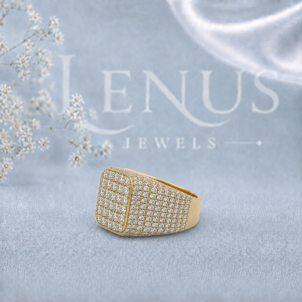 Men’s Iced-Out Moissanite Cluster Ring – Square Cushion Face, Gold-Tone Pavé Statement Ring