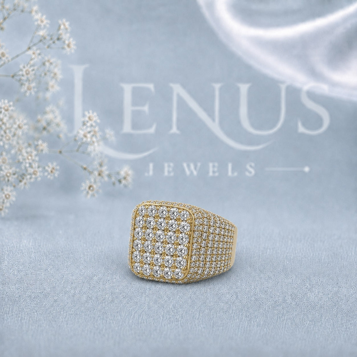 Men’s Iced-Out Moissanite Cluster Ring – Square Cushion Face, Gold-Tone Pavé Statement Ring