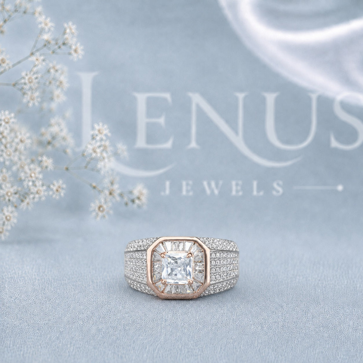 Men’s Princess-Cut Moissanite Ring – Two-Tone Baguette Halo Statement Ring in 925 Sterling Silver