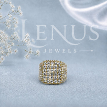 Men’s Iced-Out Moissanite Cluster Ring – Square Cushion Face, Gold-Tone Pavé Statement Ring
