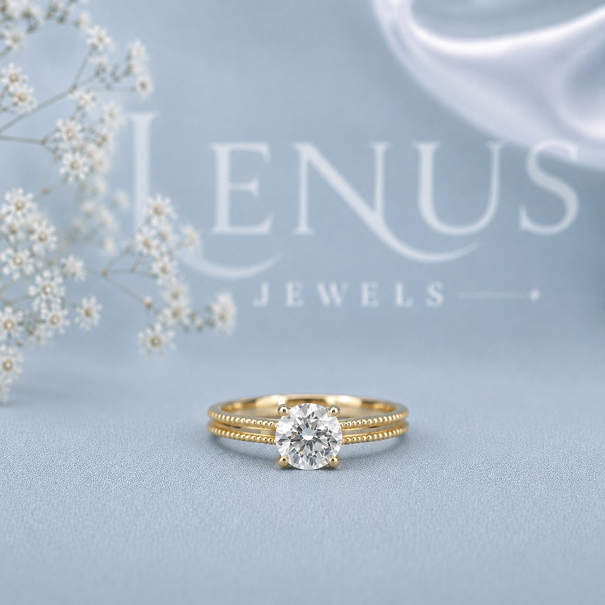 Round Moissanite Solitaire Ring – 925 Sterling Silver Yellow Gold Double Band Engagement Ring