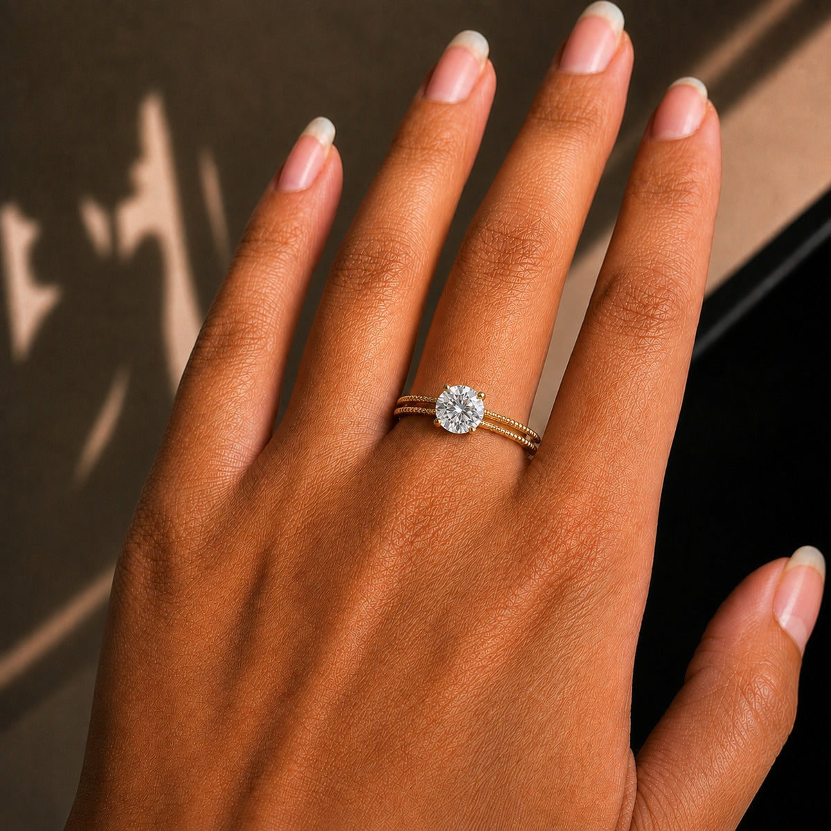 Round Moissanite Solitaire Ring – 925 Sterling Silver Yellow Gold Double Band Engagement Ring