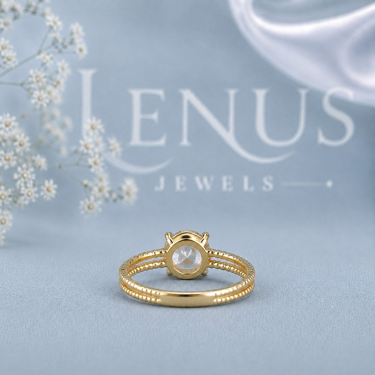 Round Moissanite Solitaire Ring – 925 Sterling Silver Yellow Gold Double Band Engagement Ring