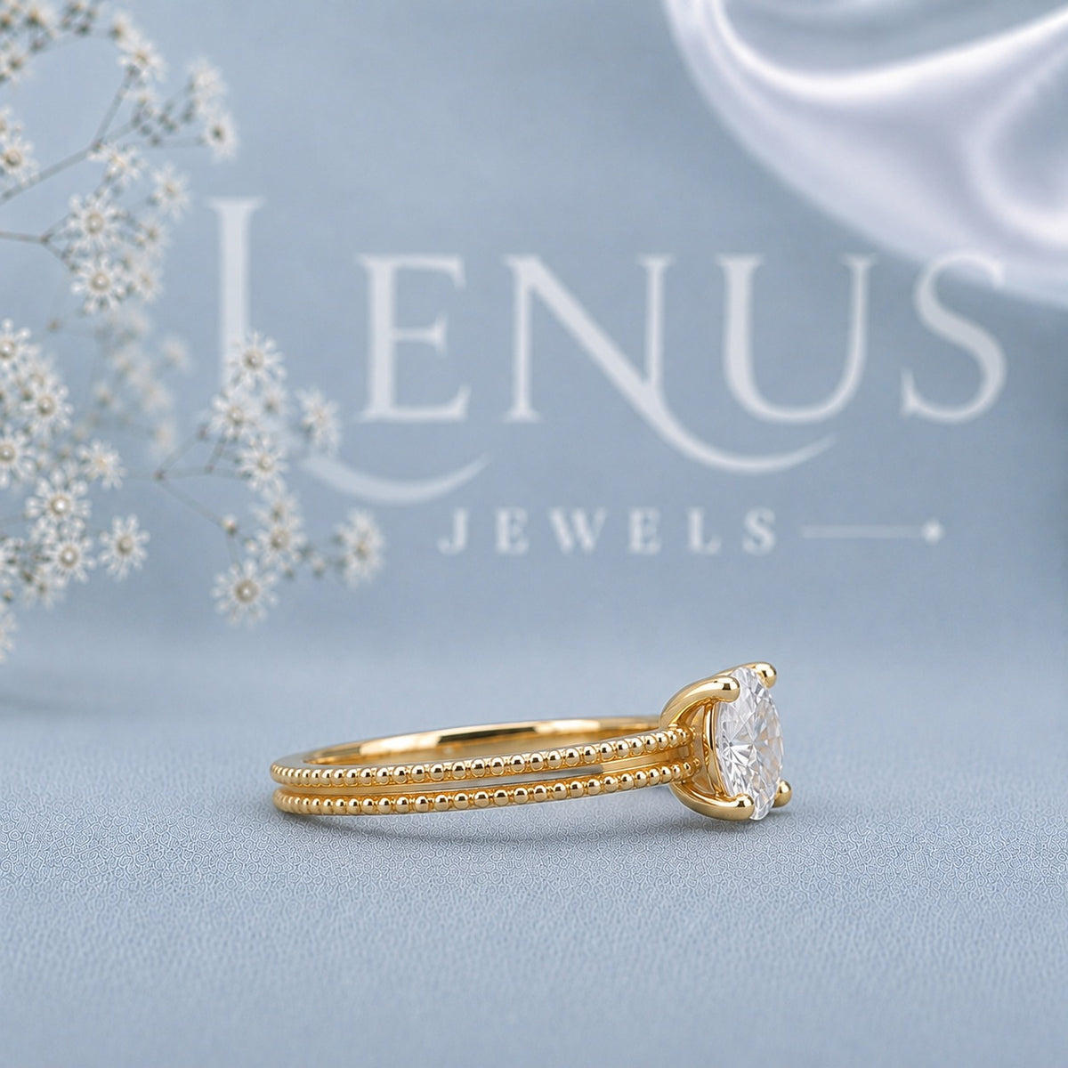 Round Moissanite Solitaire Ring – 925 Sterling Silver Yellow Gold Double Band Engagement Ring