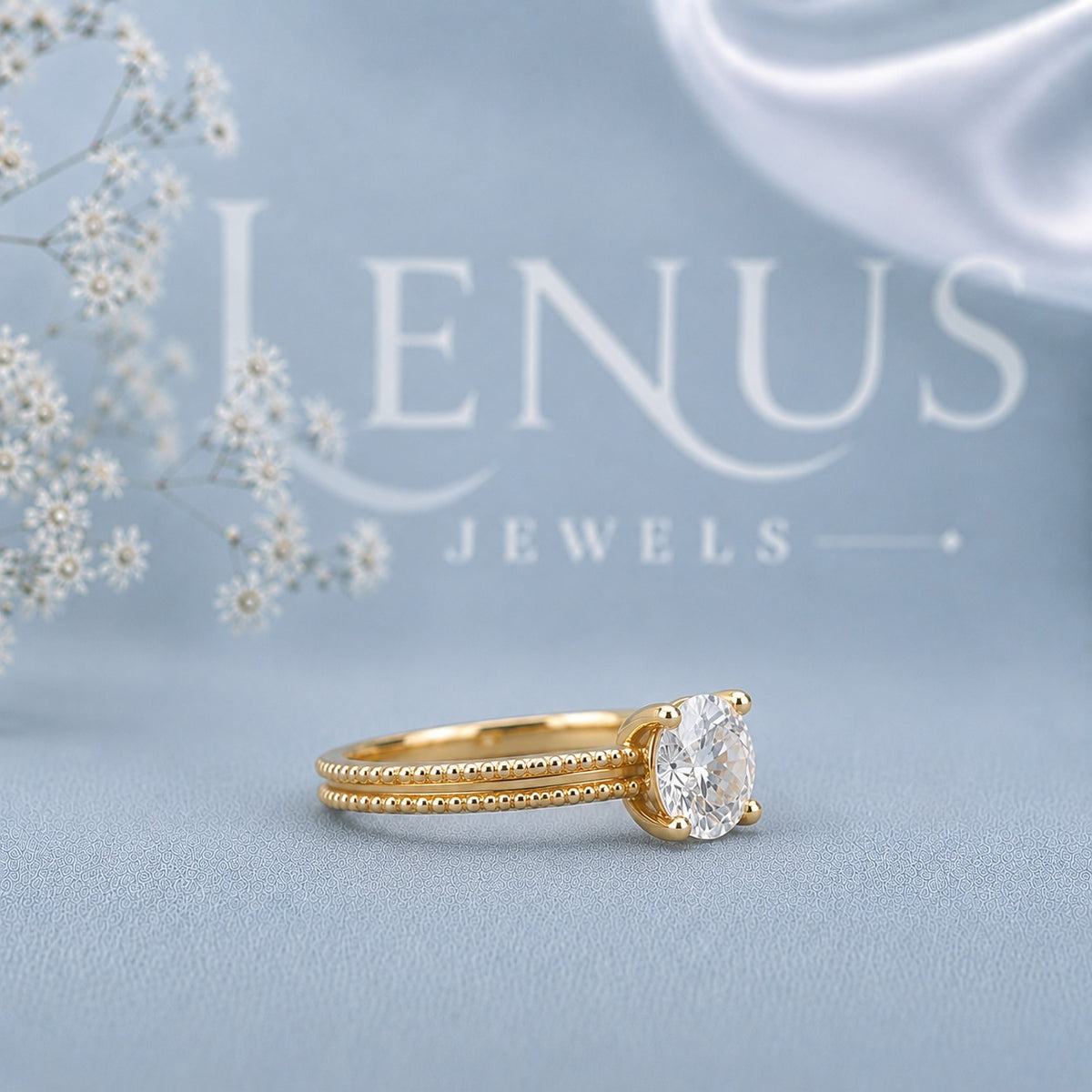 Round Moissanite Solitaire Ring – 925 Sterling Silver Yellow Gold Double Band Engagement Ring