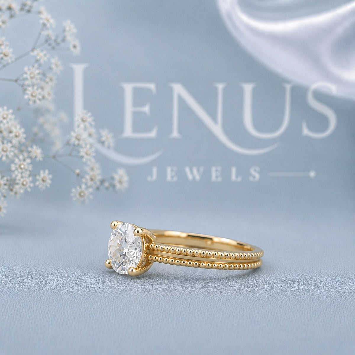Round Moissanite Solitaire Ring – 925 Sterling Silver Yellow Gold Double Band Engagement Ring
