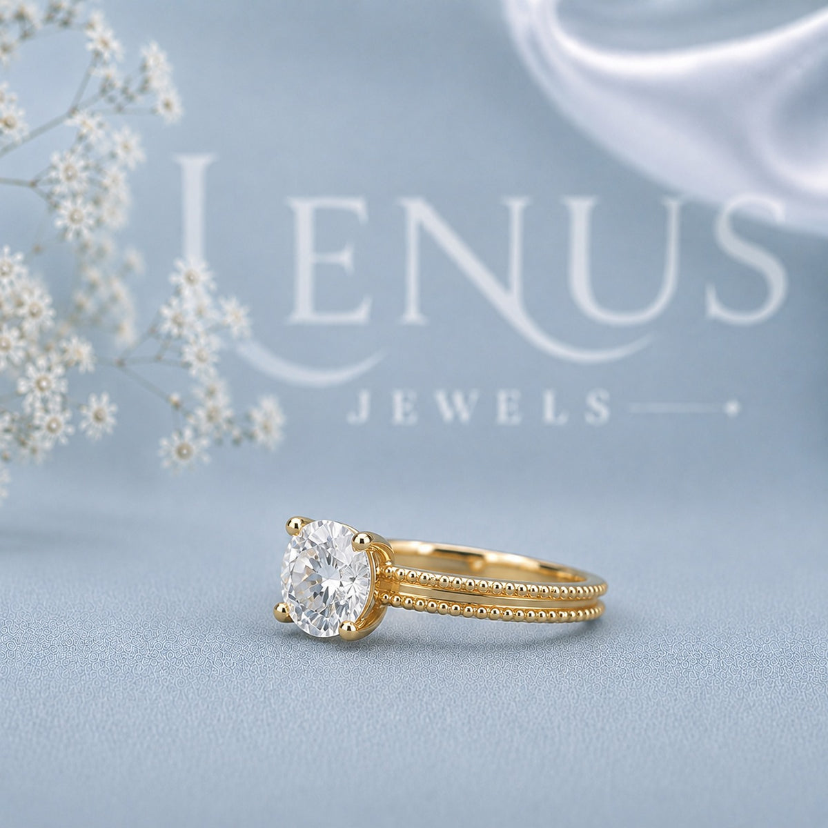 Round Moissanite Solitaire Ring – 925 Sterling Silver Yellow Gold Double Band Engagement Ring