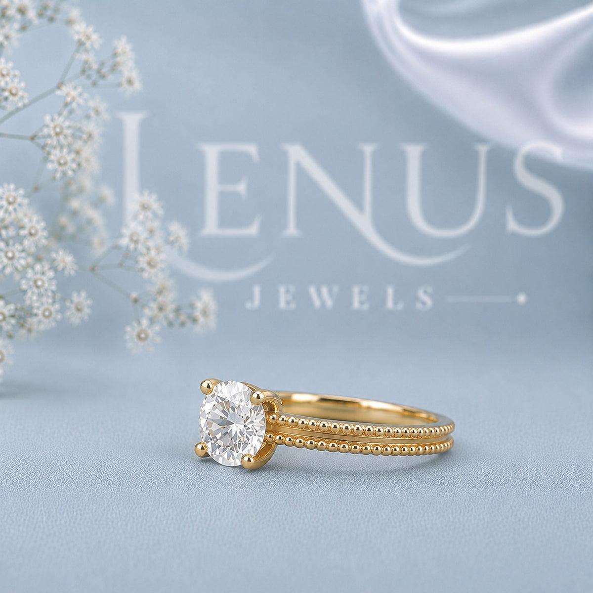 Round Moissanite Solitaire Ring – 925 Sterling Silver Yellow Gold Double Band Engagement Ring