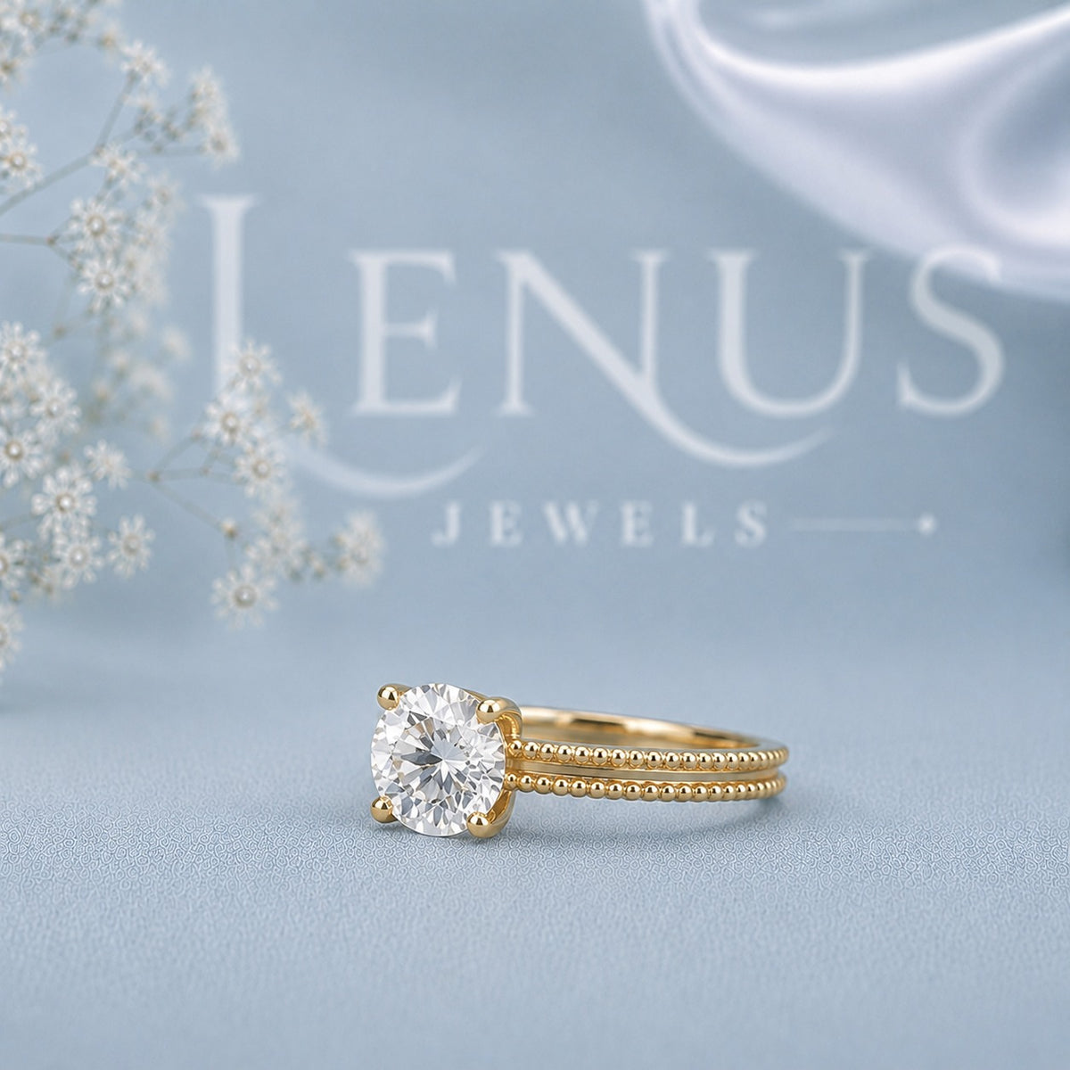 Round Moissanite Solitaire Ring – 925 Sterling Silver Yellow Gold Double Band Engagement Ring