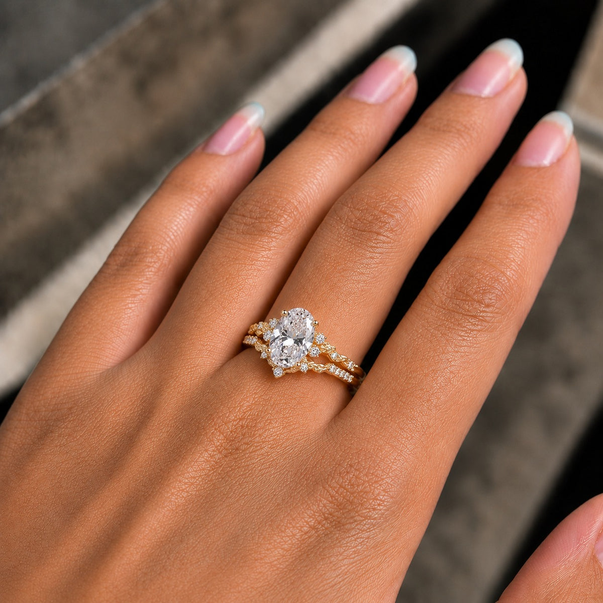Oval Cut Moissanite Bridal Set – Gold Floral Vintage Engagement Ring