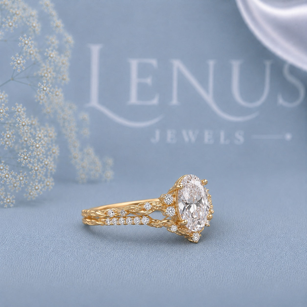 Oval Cut Moissanite Bridal Set – Gold Floral Vintage Engagement Ring