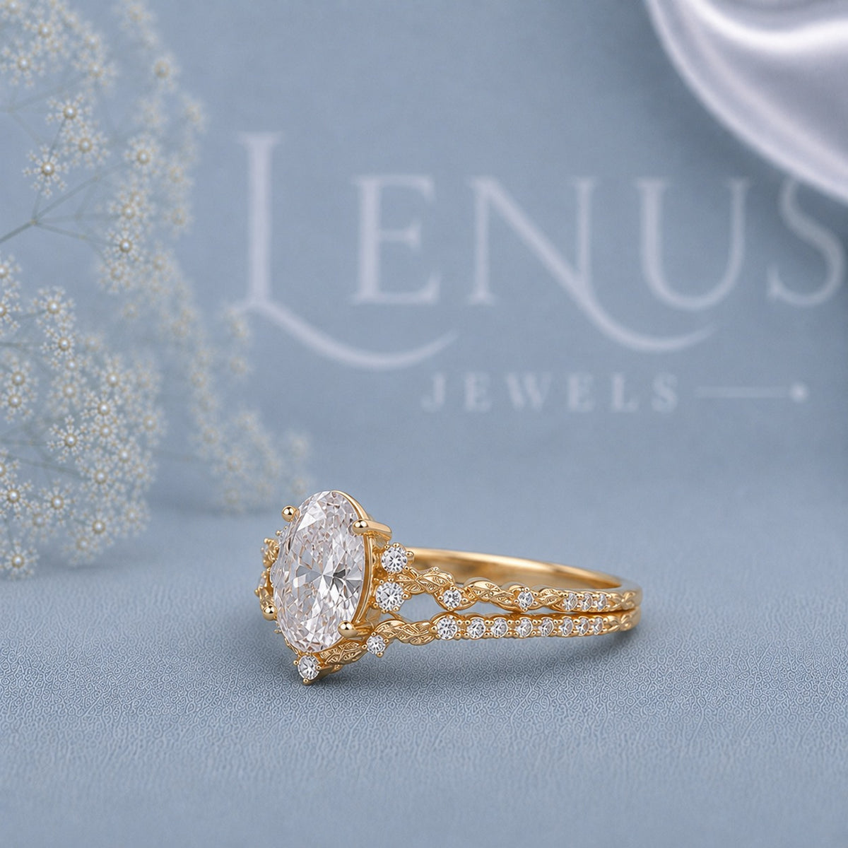 Oval Cut Moissanite Bridal Set – Gold Floral Vintage Engagement Ring