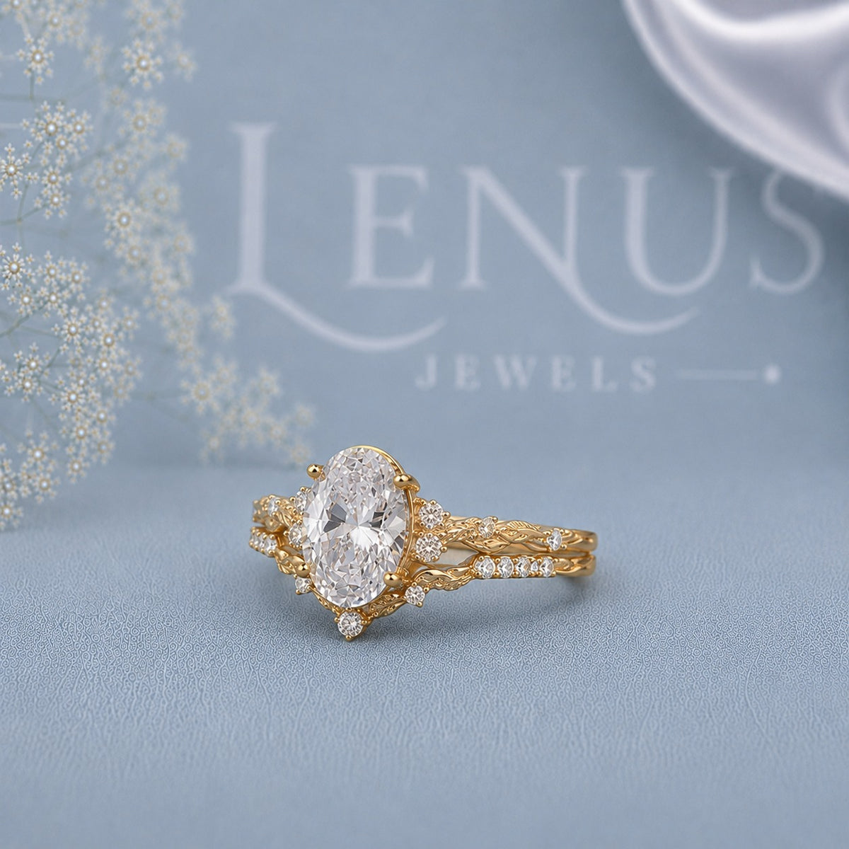 Oval Cut Moissanite Bridal Set – Gold Floral Vintage Engagement Ring