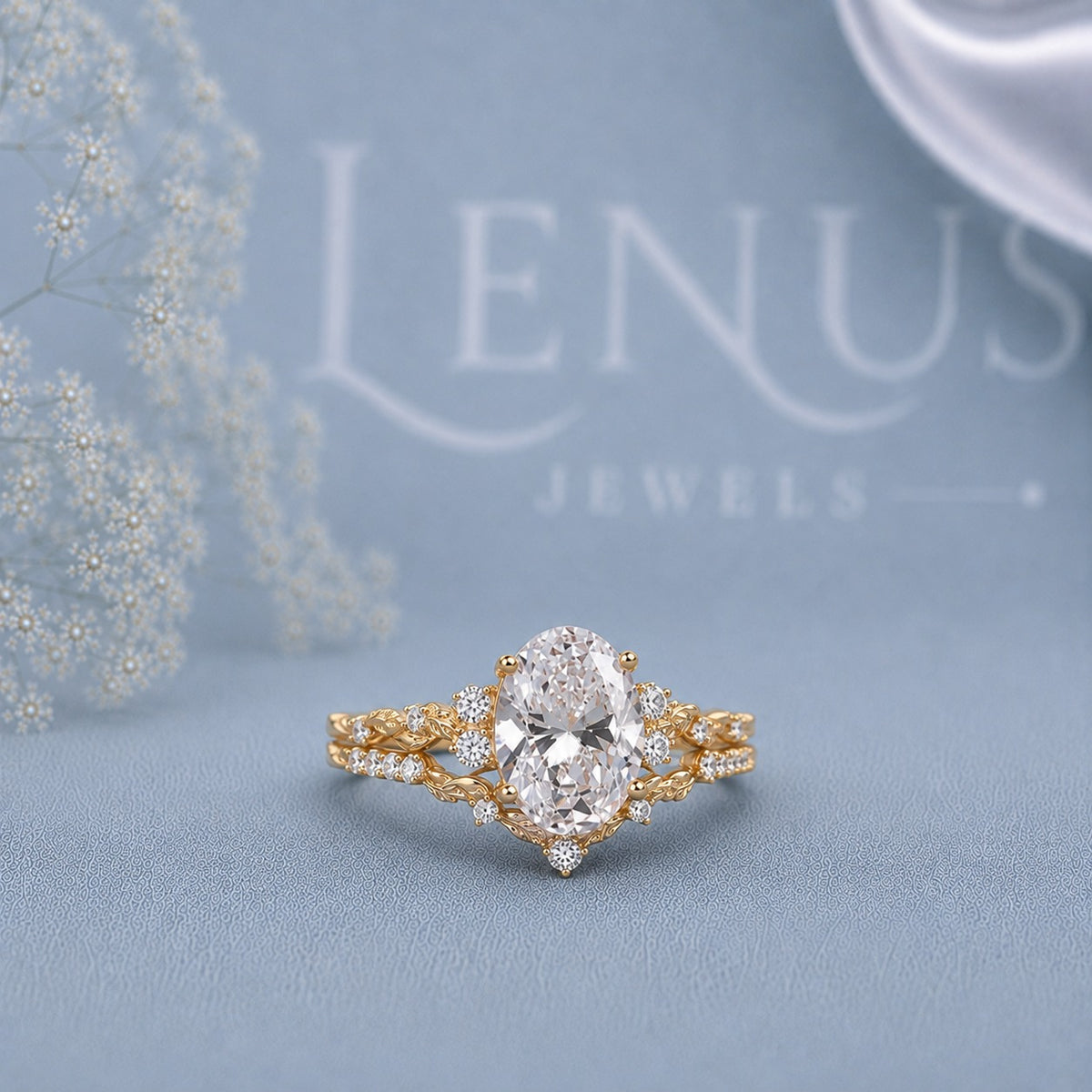 Oval Cut Moissanite Bridal Set – Gold Floral Vintage Engagement Ring