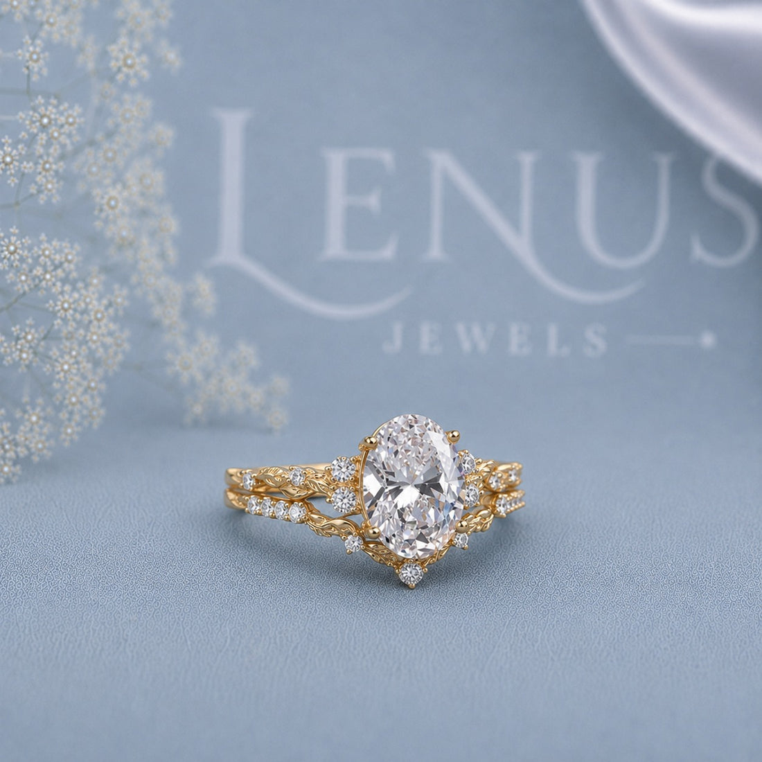 Oval Cut Moissanite Bridal Set – Gold Floral Vintage Engagement Ring