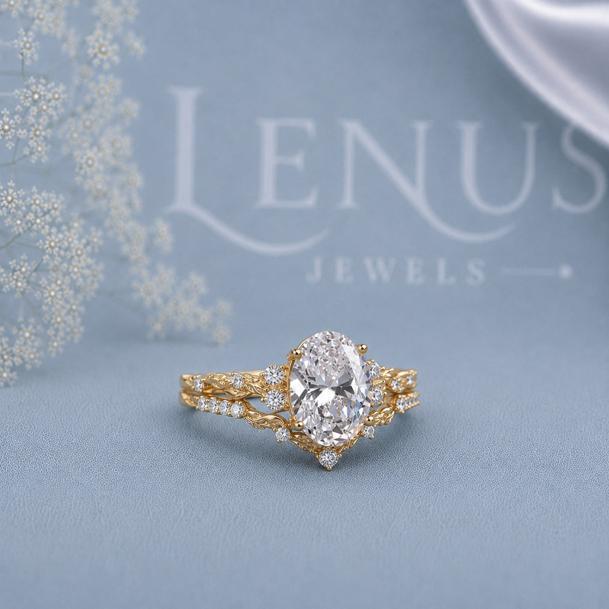 Oval Cut Moissanite Bridal Set – Gold Floral Vintage Engagement Ring