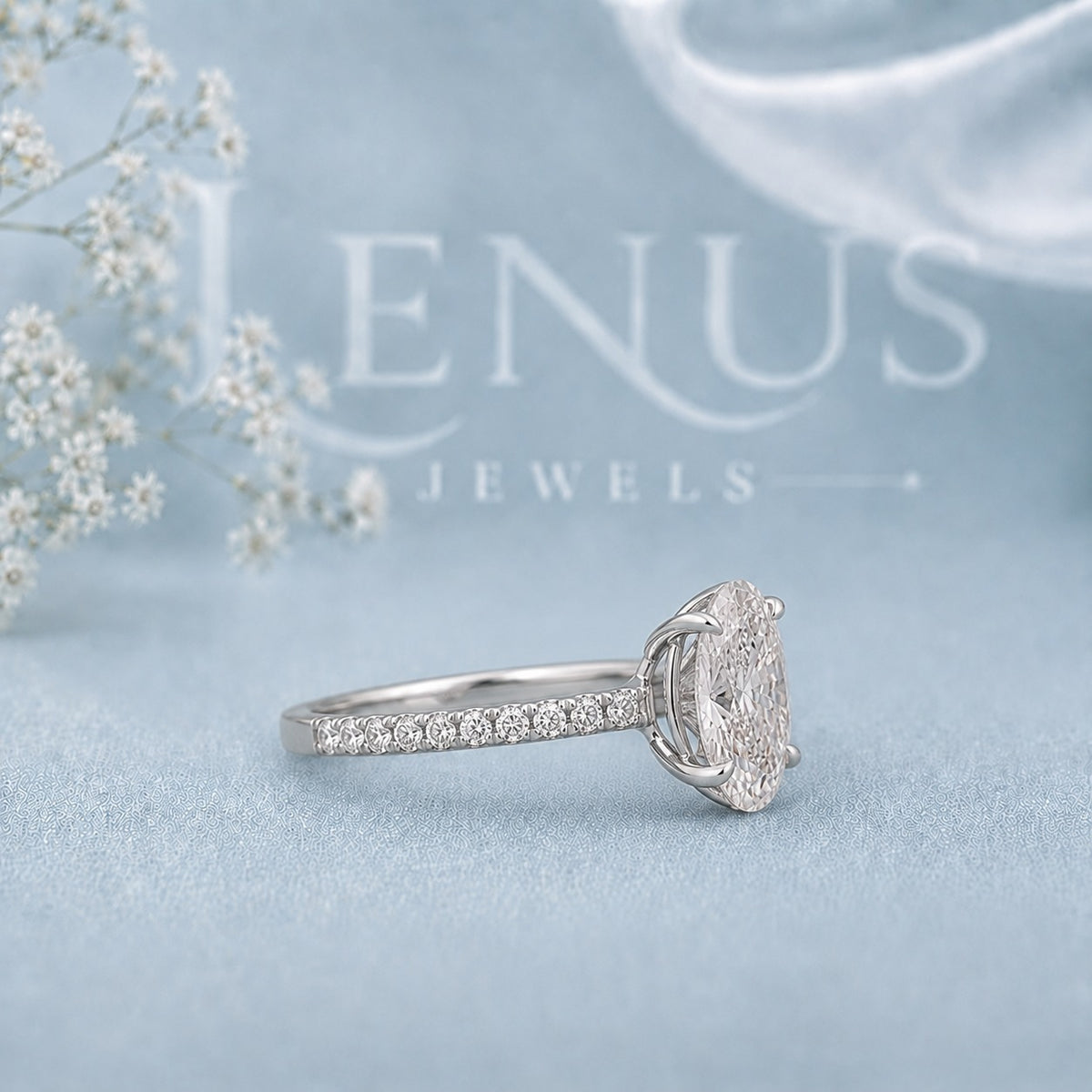 Oval Cut Moissanite Engagement Ring – Pavé Band 925 Sterling Silver
