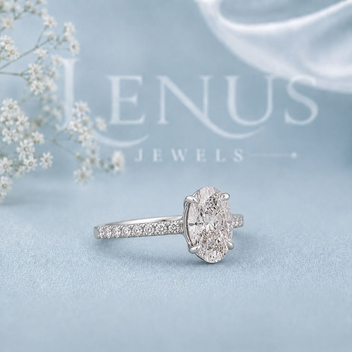 Oval Cut Moissanite Engagement Ring – Pavé Band 925 Sterling Silver