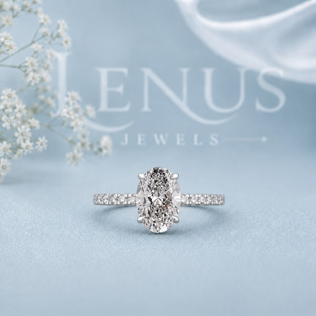 Oval Cut Moissanite Engagement Ring – Pavé Band 925 Sterling Silver