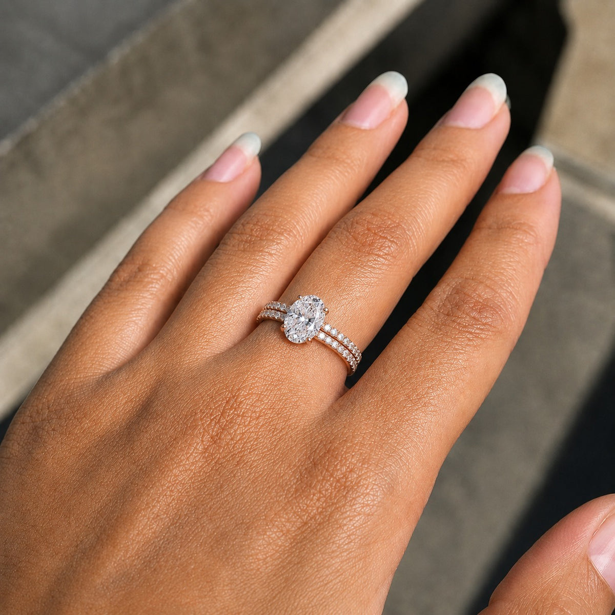 Oval Moissanite Bridal Ring Set – Rose Gold Finish Pavé Engagement Ring and Wedding Band