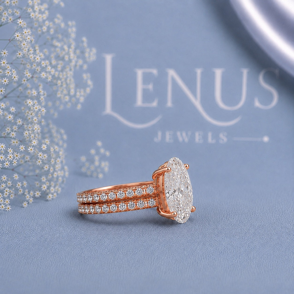 Oval Moissanite Bridal Ring Set – Rose Gold Finish Pavé Engagement Ring and Wedding Band